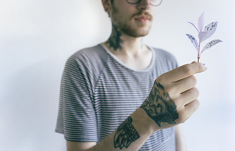 man with tattoos wearing black and white striped shirt holding white leafed plant thumbnail