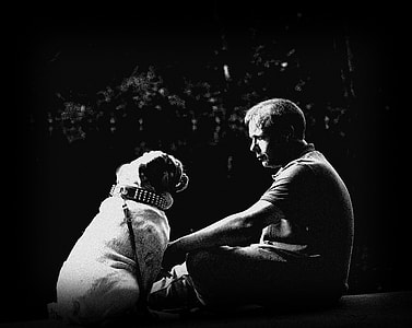 grayscale photo off sitting man holding a bulldog thumbnail
