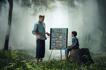 person holding a stick pointing an Alphabet chart and child sitting looking on the chart thumbnail
