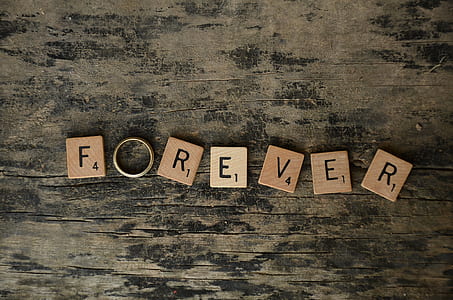 silver-colored ring on Forever scrabble blocks thumbnail