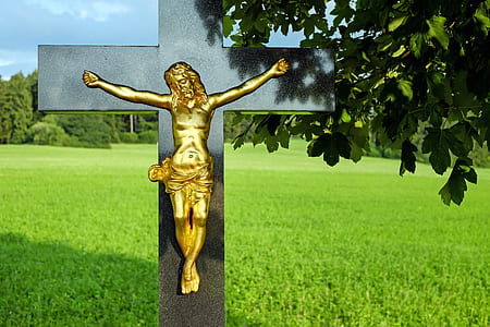crucifix on green grass field thumbnail