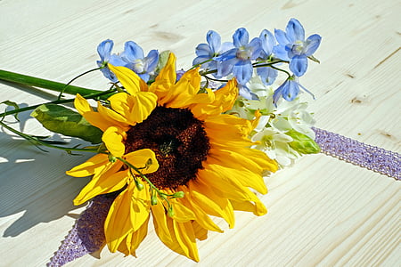 sunflower on brown wooden surface thumbnail