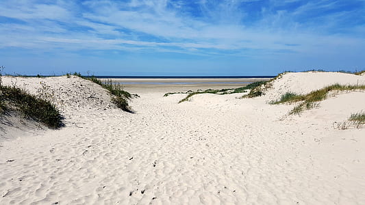 white sand with green grass under blue sky thumbnail