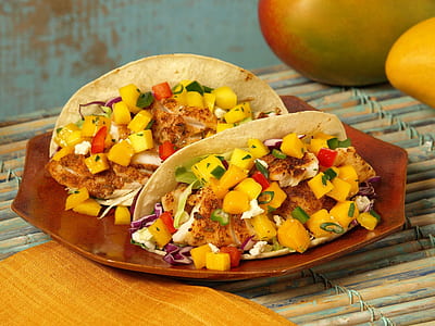 two tacos food dish on brown plate thumbnail