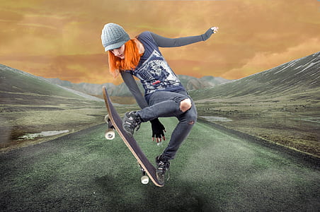 woman in blue jeans playing skateboard thumbnail