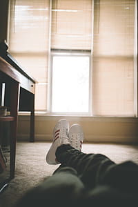 person wearing white Adidas Superstar sneakers and black jeans sitting on gray carpet thumbnail
