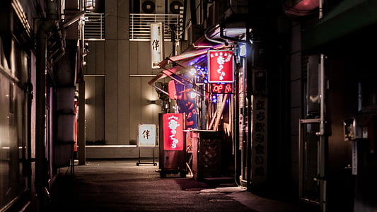 red and white light signage outside store at nightttime thumbnail
