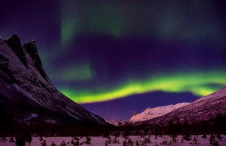 green Aurora Borealis on mountain range thumbnail