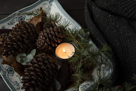 three pine cones beside tealight canlde thumbnail
