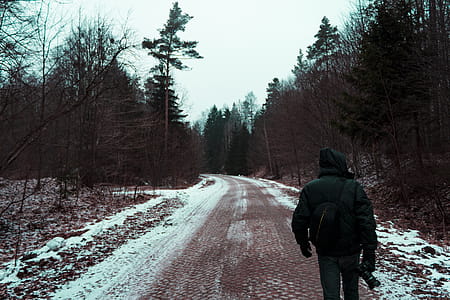 Person in Black Hoodie Top and Black Pants on the road holding a camera thumbnail