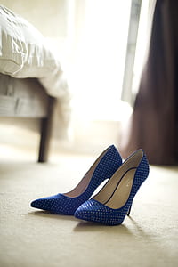 pair of blue-and-beige polka-dot leather pointed-toe stiletto pumps thumbnail