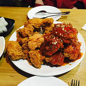 fried chicken with sauce on plate on table thumbnail