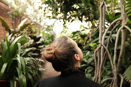 woman looking up on the trees during daytime thumbnail