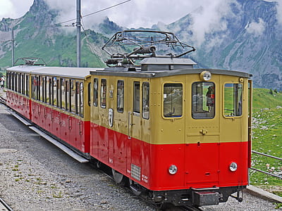 red and brown train on rail thumbnail
