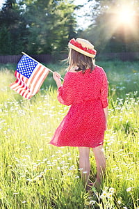 girl wearing red 3/4-sleeved mini dress holding u.s.a. flaglette thumbnail