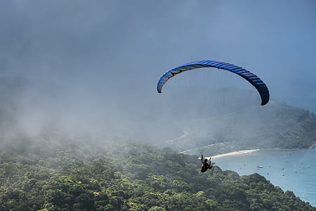 man riding paragliding over forest and beach thumbnail