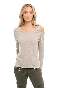 woman wearing gray cold-shoulder top and green pants thumbnail