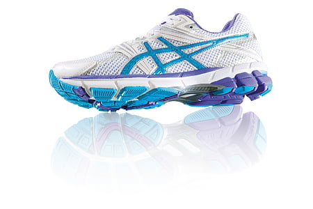 unpaired white, blue, and purple ASICS running shoe thumbnail