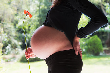pregnant woman wearing black long-sleeved shirt holding an orange gerbera daisy thumbnail