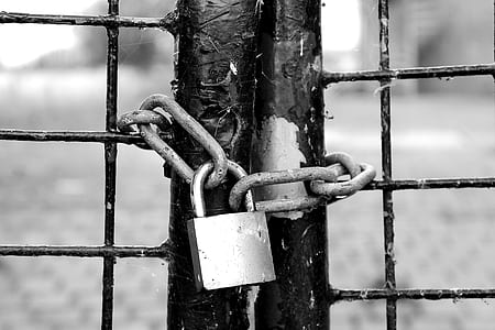 grayscale photography of gate with padlock and chain thumbnail