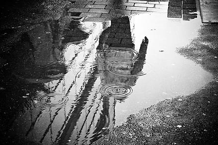 greyscale photography of puddle on grey concrete floor thumbnail