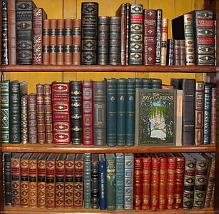 assorted handbound books place on wooden shelf thumbnail