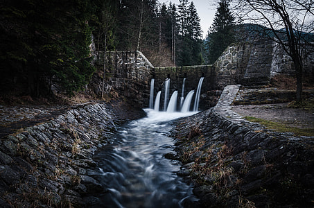 time lapse photography of dam near trees thumbnail