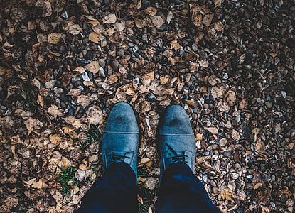 person wearing gray sneakers and black pants thumbnail