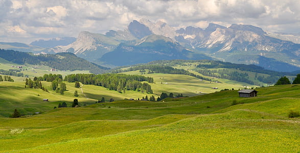 green grass field near mountain at daytime thumbnail
