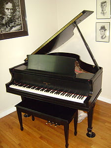 black and white grand piano beside wall thumbnail