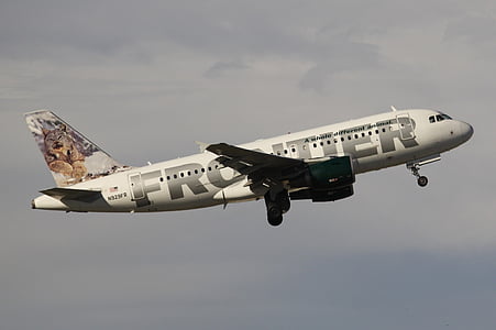 flying white Frontier commercial plane thumbnail
