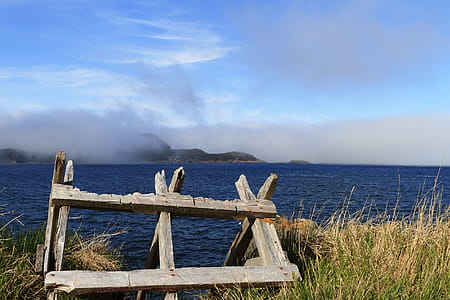 Old sawbuck abandoned along the foggy Newfoundland coastline thumbnail