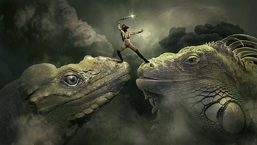 woman holding sword standing on two reptiles thumbnail