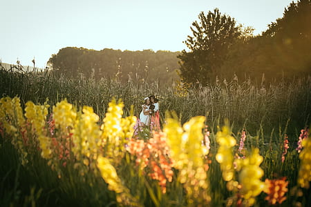 yellow snapdragon flowers near three women standing beside green grasses during daytime thumbnail