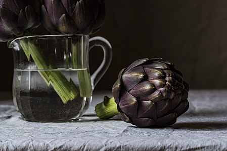 purple plant beside clear glass pitcher on table inside room thumbnail