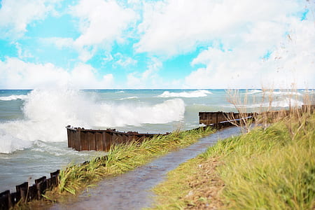 sea waves near green grass field under white clouds thumbnail