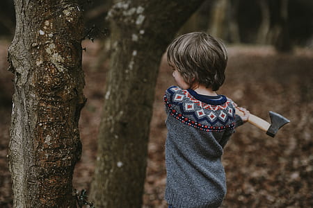 selective focus photography of toddler carrying axe thumbnail