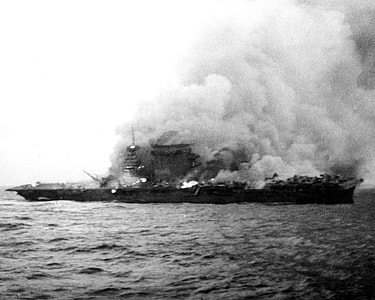 Lexington abandoned and on fire during the Battle of Coral Sea, World War II thumbnail