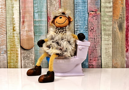 brown animal plush toy sitting on purple flush toiler thumbnail