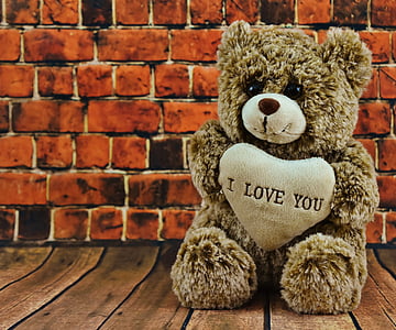 brown teddy bear with i love you text near red brick wall thumbnail