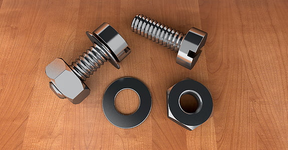 two silver bolts and two washers on brown wooden surface thumbnail