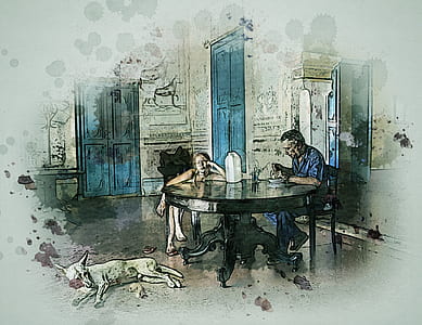 man and woman sitting on chair beside black table inside house thumbnail