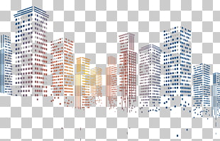 Geometric squares particles pixelated city building, blue and orange high-rise building illustration PNG clipart