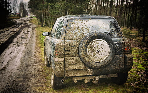 gray Toyota RAV4 with mud trailing during daytime thumbnail
