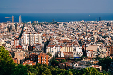 Cityscape view with ocean and buildings in Barcelona thumbnail