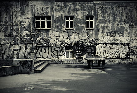 grayscale photo of building with paintings thumbnail
