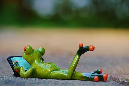 green frog figurine on brown surface thumbnail