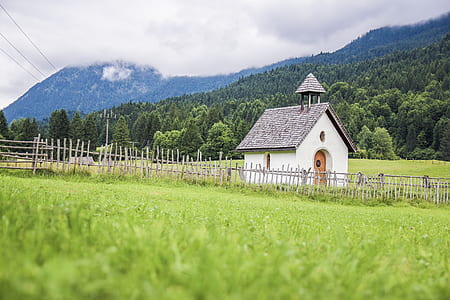 white and gray wooden house surrounded by grass field thumbnail
