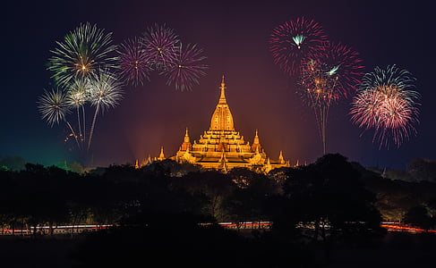 lighted building with fireworks thumbnail