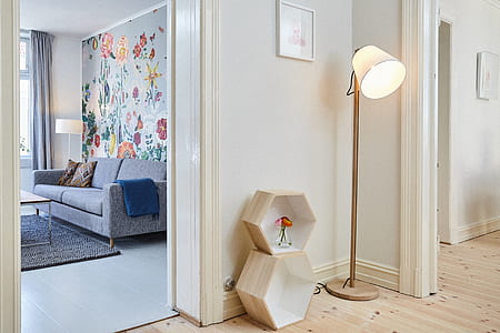 beige shade floor lamp on beige wooden parquet flooring thumbnail